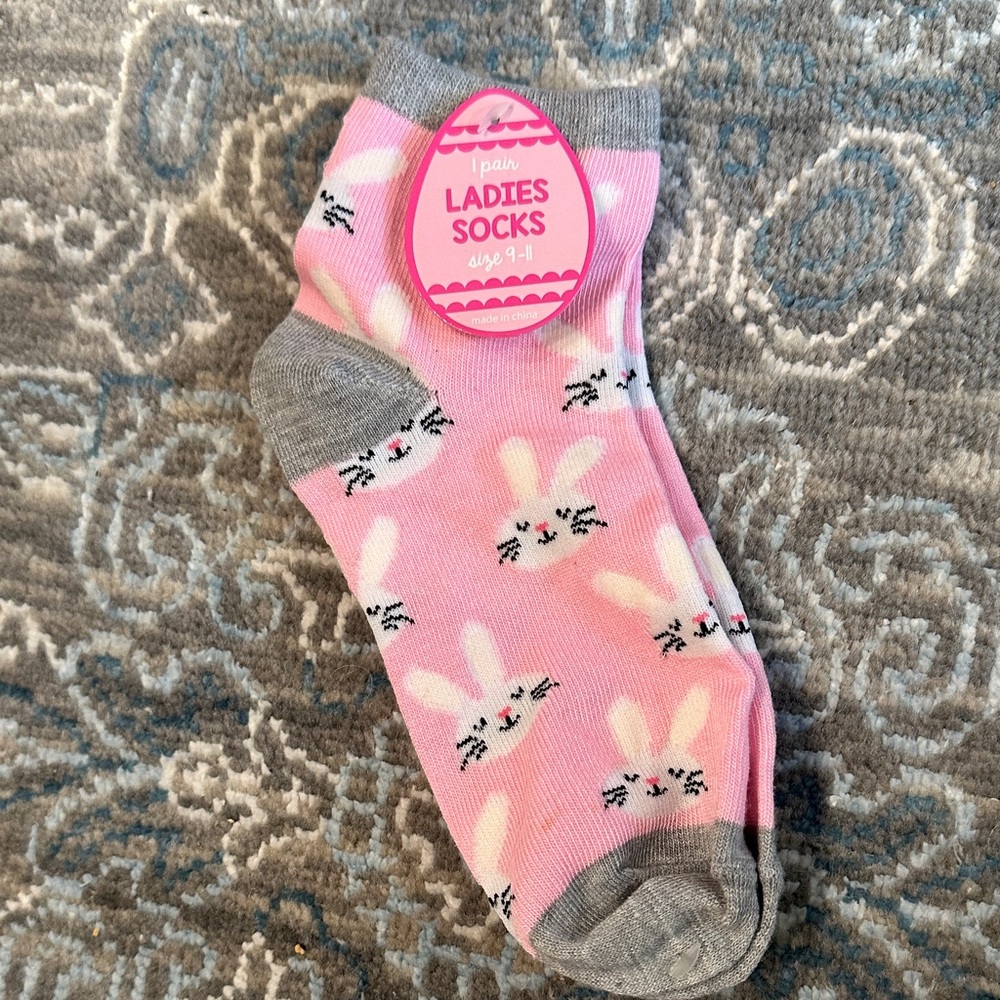 Pink and Gray Bunny Ankle Socks